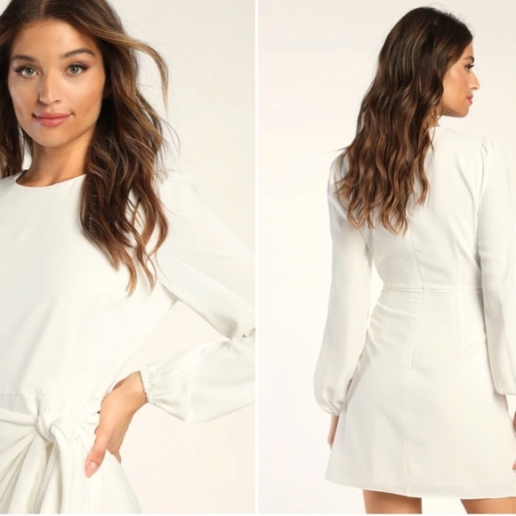 LULU's Bachelorette Engagement Bridal Sexy Long Sleeve Wrap Mini Dress - Picture 4 of 6
